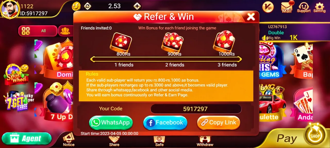 Referral promotion interface shown in a Teen Patti game screenshot