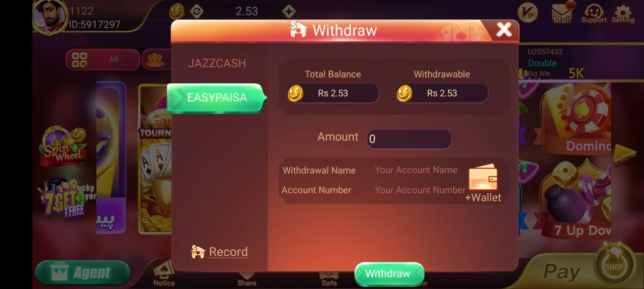 Withdrawal interface in a mobile gaming application